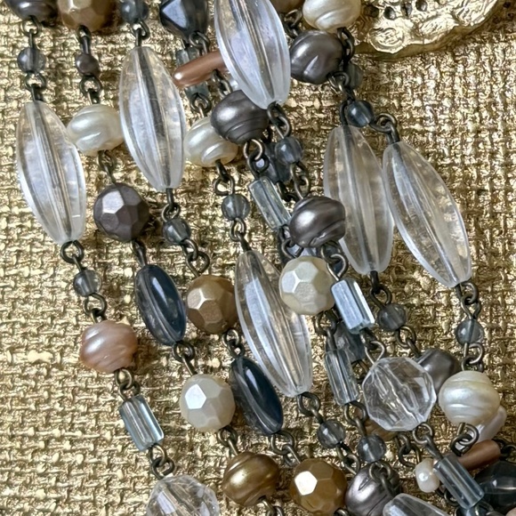 VINTAGE Necklace Beaded Multi Stranded Neutral Rhinestones Bib Antique - Picture 2 of 9